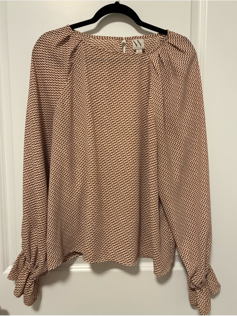 Worthington Brown/Cream Geometric Long-Sleeve Blouse
